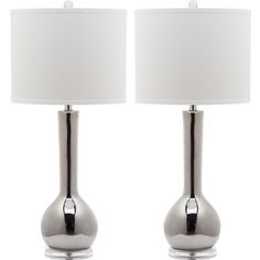 pair of chrome finish table lamps with white shade