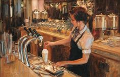 a painting of a woman at a bar filling up a drink from a faucet