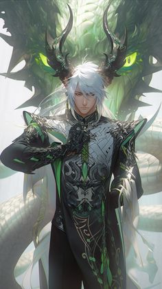 an anime character with horns on his head standing in front of a giant green dragon