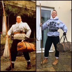 two pictures of people dressed in costumes and holding bags