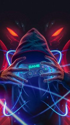 a man holding a game controller in front of his face with neon lights around him