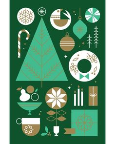 a green christmas tree with ornaments and other items around it on a dark green background