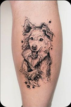 a black and white photo of a dog on the leg with ink splats