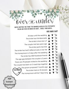 a printable wedding checklist with flowers and greenery on the side, next to a pen