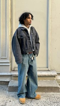 Jean Jacket Outfits Men, Black Denim Jacket Outfit, Timberland Outfit, Denim Outfit Men, Looks Hip Hop, Hoodie Outfit Men, Timberland Boots Outfit, Jeans Outfit Men, Blue Jean Outfits