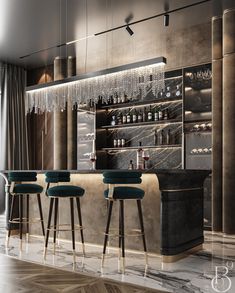 an elegant bar with stools and bottles on the shelves, along with lights hanging from the ceiling