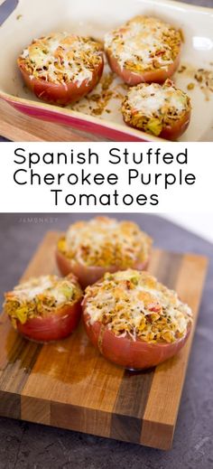 some stuffed tomatoes with cheese and other toppings in them on a wooden cutting board