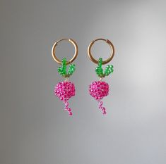 Delicate handwoven radish earrings composed from bright pink (fuchsia) glass Japanese beads. These statement veggies beautifully hang from gold-plated hoops / huggies. Total hanging measurement: approximately 4.5 cm Your order will include a pair of earrings (2 earrings). Perfect for summer and spring. They also make a great gift for lovers of unique design. Manifest your summer countryside cottage get-a-way with these earrings ✨ If you have any question or concerns, please do not hesitate to reach out :) Radish Earrings, Summer Countryside, Countryside Cottage, Japanese Beads, Spring Couture, Spring Jewelry, Earring Crafts, Seed Bead Jewelry, Jewelry Inspo