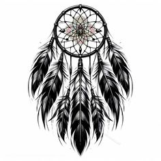 a drawing of a black and white dream catcher with feathers on it's side