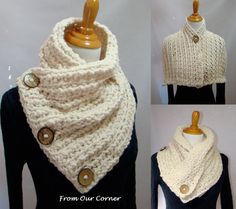 three pictures of a white cowl with buttons on it