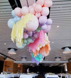 balloons and streamers are hanging from the ceiling