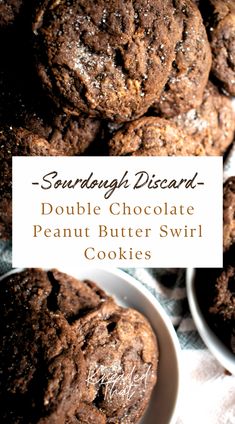 double chocolate peanut butter swirl cookies on a white plate with the title text overlay