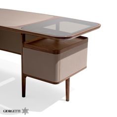 a desk with a glass top and two drawers on the bottom, in front of a white background