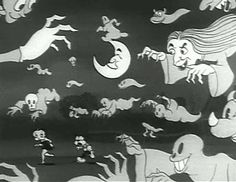 an animated scene with people and animals in the night sky, as well as other cartoon characters