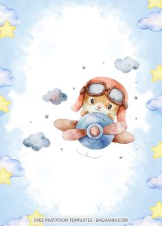 a watercolor drawing of a cat flying in an airplane with stars and clouds around it