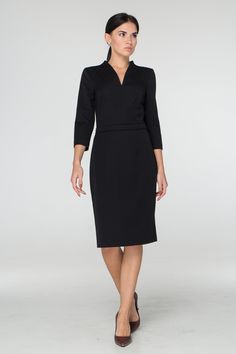 "A beautiful black dress featuring pencil silhouette, midi length and high neck collar. - Stand up collar with v-neck - Fitted pencil silhouette - Knee length (midi) - 3/4 sleeves - concealed back zipper closure Color: Black. Fiber: viscose 45%, elastane - 5%, polyester - 50% For Size S: dress length - 40\", sleeve length - 14,5\" (2/3) Our model wears size S (US 6) and is 171cm/5'6\" tall. You may feel free choosing the size. Just send us your measurements (bust, waist, hips, height). We will d Elegant V-neck Bodycon Dress For Formal Occasions, Chic V-neck Midi Dress For Business, Black Fitted V-neck Dress For Formal Occasions, Formal V-neck Midi Dress, Chic Sheath V-neck Dress For Formal Occasions, Chic V-neck Bodycon Dress For Office, Elegant Long Sleeve Bodycon V-neck Dress, Elegant Fitted V-neck Dress With Flattering Silhouette, Elegant Knee-length V-neck Dress For Evening