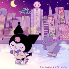 two cartoon characters are skating in front of a cityscape at night, one is holding an ice skateboard