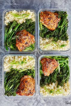 four plastic containers filled with rice, broccoli and chicken on top of each other