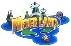 the logo for neverland with an island, castle and pirate ship in the background