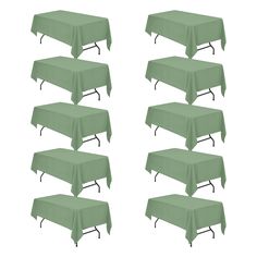 six green tablecloths with metal legs on each side, set against a white background