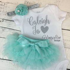 PERSONALIZED SET silver glitter shirt bodysuit, mint aqua tutu skirt bloomers, flower headband, newborn baby girl take home hospital outfit Light Pink Bodysuit, Blue Flower Headband, Newborn Hospital Outfits, Pink Tutu Skirt, Glitter Outfit, Personalised Cupcakes, Silver Outfits, Fashionable Kids, Baby Costume