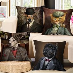 four pillows with dogs and cats on them, one is wearing a top hat the other has a dog in a tuxedo