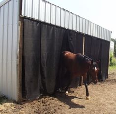 a brown horse standing next to a metal structure with black tarp on it's sides