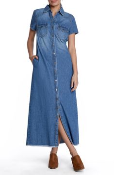 Reach for this nonstretch denim maxi dress when you need a quick, polished look without sacrificing comfort. A Western yoke, light fading and frayed hem further the effortless perfection. 51" length (size Medium) Front button closure Spread collar Short sleeves Unlined Chest button-flap patch pockets; side-seam pockets 100% cotton Machine wash, tumble dry Imported Denim Dress Short, Long Denim Dress, Airy Dress, Alex Mill, Cotton Poplin Dress, Denim Maxi Dress, Denim Short Dresses, Womens Denim Dress, Denim Maxi