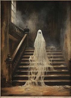 a painting of a ghost walking down the stairs