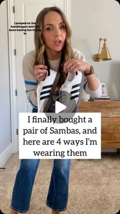 Merrick White / Style Educator on Instagram: "4 ways I’m wearing my new Adidas Sambas sneakers…I finally jumped on the bandwagon! Which outfit do you want to copy??  If you have a pair as well, and need some outfit ideas, I hope this is helpful.  Looking for links? Comment below with the word LINK and I’ll send you a DM with links to all these outfits.  Also, I know sizing is funky for the sambas, but for this pair, they fit very true to size and are VERY comfortable. No break in time required.  #4wayswithmerrick" White Shoe Outfits For Women, Samba Addidas Outfits Women, Adidas Samba Office Outfit, Jeans Samba Outfit, Adidas Shoes Samba Outfit Women, Adidas Samba Sneakers Outfit, Women Samba Outfit, Jeans With Sambas, Socks To Wear With Sambas