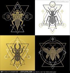 four different types of insects in gold, black and white colors with geometric design elements