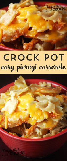 crock pot casserole in a red bowl with text overlay that reads easy, pieogi casserole