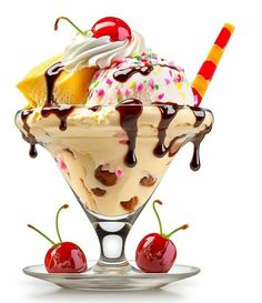 an ice cream sundae with chocolate sauce, cherries, and sprinkles