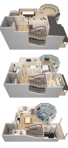 three views of the inside of a house from top to bottom, with stairs and second story