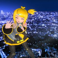 a woman in yellow and black outfit standing on top of a building with city lights behind her