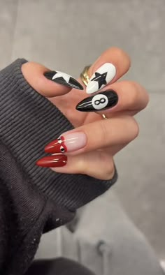 Clear Polygel Nails Design, Red And Black Nails Aesthetic, Rap Concert Nails Ideas, Rockstar Gf Nails, G59 Nails, 8ball Nails, Black Nails Aesthetic, F1 Nails, Nails Red And Black