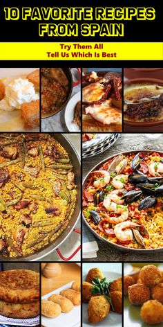 the cover of 10 favorite recipes from spain, with pictures of different foods and dishes