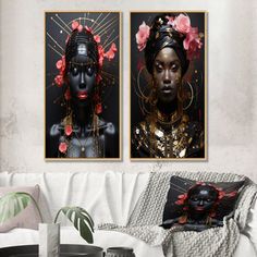 two black women with flowers in their hair are on the wall next to each other