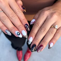 nd tortoise shell prints in white, black, brown, and dark red tones.  🍎 Recreate this look yourself with our Korean Gel Nail Polish collection!  🍎 Credit: ts_nails0 on Instagram 🍎 almond nails, birthday nails, mixed nails, mismatched nails, animal print nails, cheetah nails, leopard nails, tortoise nails, tortoise shell nails, zebra nails, fall nails, september nails, baddie nails, french nails, black nails, brown nails, red nails, white nails, 8 ball nails, Korean gel nail polish, nail art, trendy nails, nail inspiration, gel nails, Instagram nail art, summer to fall transition nails, autumn nails Almond Nails Birthday, Nails Mismatched, Summer To Fall Transition Nails, Fall Transition Nails, Transition Nails, Mixed Nails, 21st Birthday Nails, Birthday Nail, Western Nails