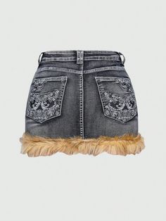 Sexy Mini Denim Skirt With Fringes Pockets And Sequins Embroidery Black Casual   Denim Colorblock Bodycon Medium Stretch  Women Clothing, size features are:Bust: ,Length: ,Sleeve Length: Mini Denim Skirt, Denim Skirt Women, Chic Leather, Retro Hairstyles, Sequins Embroidery, Grunge Punk, Bow Hair Clips, Denim Mini, Casual Denim