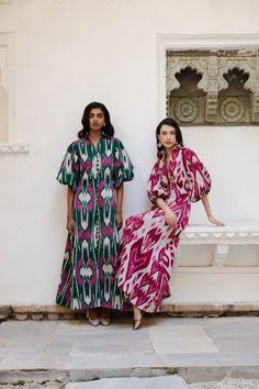 De Castro showcases a seamless and unique blend of traditional Indian craftsmanship, contemporary design, and the founder’s Colombian heritage. Every piece is handmade by artisans, using time-honored techniques and the finest cotton and silk fibers, resulting in exceptional quality, sustainability, and style. Crafted in sumptuous, handwoven silk ikat, the Green Jodhpur Dress is cut with a fitted body, and boasts a collared neckline as well as delightful, ballon sleeves. Product Details 100% silk Ikat Dress, Silk Ikat, Bridesmaid Style, Ikat Print, Bridal Fashion Week, Jodhpur, New Version, Traditional Indian, Kimonos