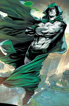 the green lantern is flying through the air with his cape over his head and eyes closed