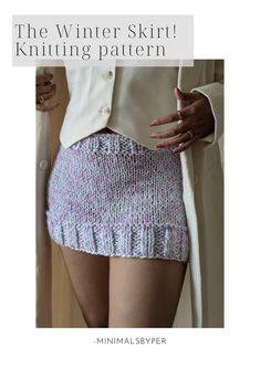 a woman wearing a skirt and jacket with text that reads, the winter knit knitting pattern