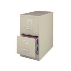 two file cabinets with one drawer open and the other closed