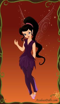 an image of a fairy with long black hair and purple dress standing in front of a green frame