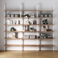 a book shelf with books and plants on it in a white living room, next to a wooden floor