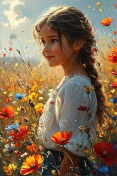 a painting of a girl in a field of flowers