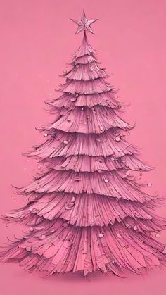 a pink christmas tree on a pink background with water droplets and stars in the top right corner