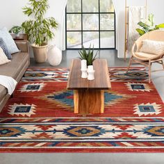 a living room filled with lots of furniture and plants on top of a red rug