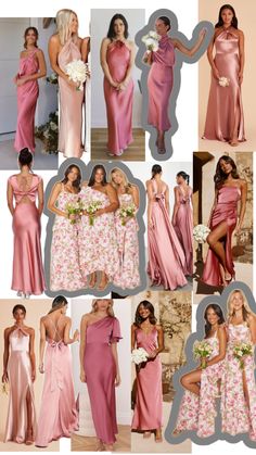 the bridesmaids are all in pink dresses and one is wearing a flowered dress